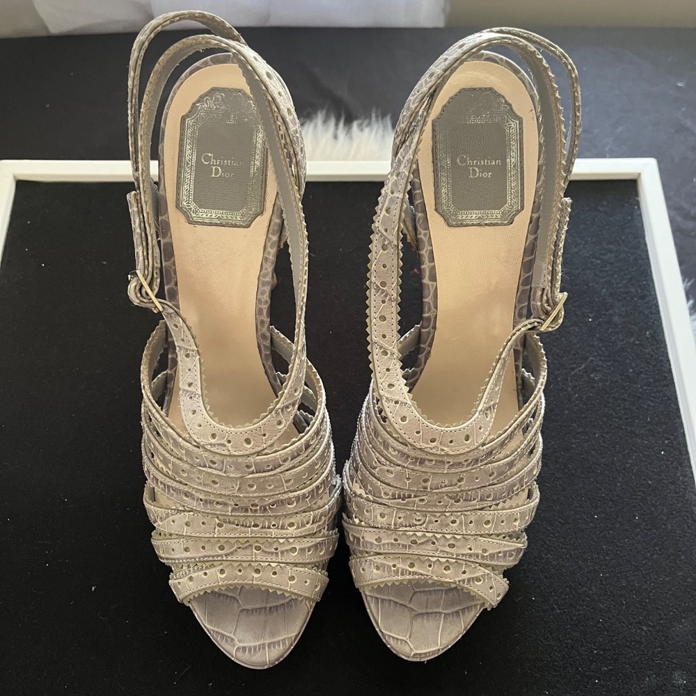 Christian Dior Leather Animal Print Slingback Sandals. Gray Size 39.5